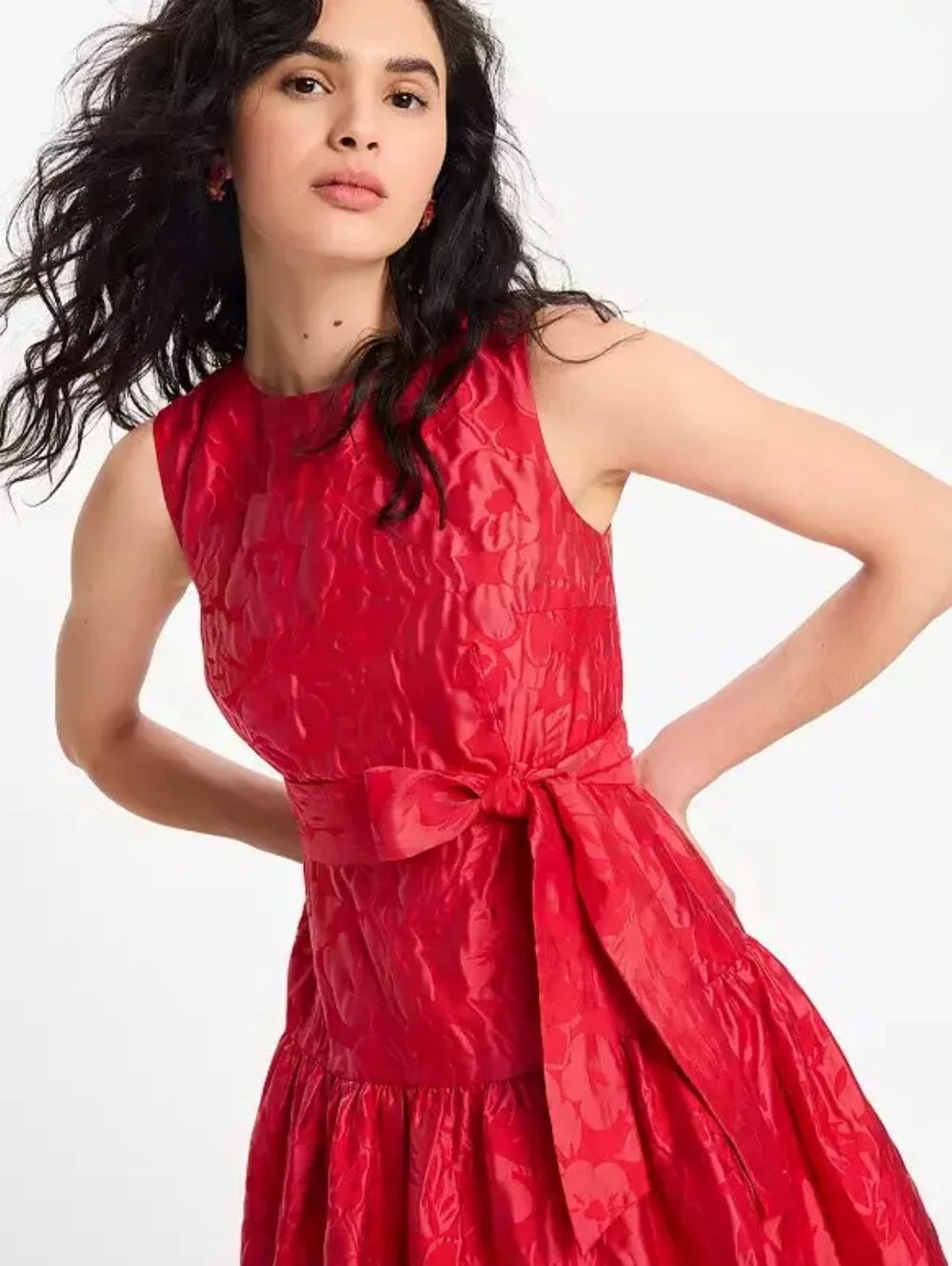 Kate Spade Julia Red Floral Brocade Fit & Flare Dress with Waist Tie, Size 00.